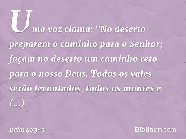 Uma voz clama:
"No deserto preparem o caminho
para o Senhor;
façam no deserto um caminho reto
para o nosso Deus. Todos os vales serão levantados,
todos os monte