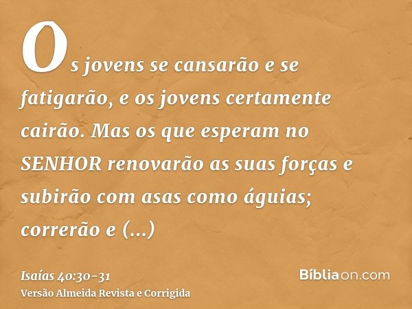 Os jovens se cansarão e se fatigarão, e os jovens certamente cairão.Mas os que esperam no SENHOR renovarão as suas forças e subirão com asas como águias; correr