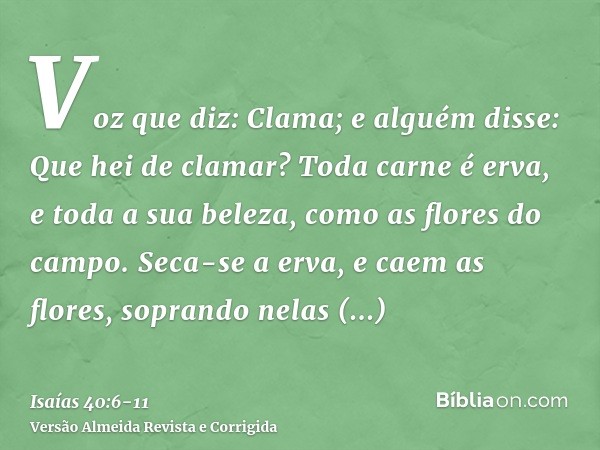 Voz que diz: Clama; e alguém disse: Que hei de clamar? Toda carne é erva, e toda a sua beleza, como as flores do campo.Seca-se a erva, e caem as flores, soprand