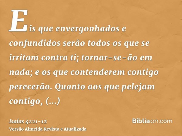 Eis que envergonhados e confundidos serão todos os que se irritam contra ti; tornar-se-ão em nada; e os que contenderem contigo perecerão.Quanto aos que pelejam