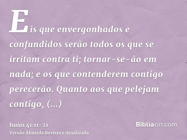 Eis que envergonhados e confundidos serão todos os que se irritam contra ti; tornar-se-ão em nada; e os que contenderem contigo perecerão.Quanto aos que pelejam