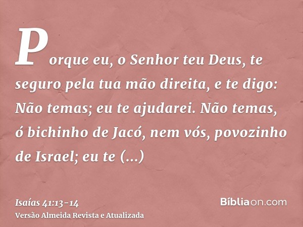 Porque eu, o Senhor teu Deus, te seguro pela tua mão direita, e te digo: Não temas; eu te ajudarei.Não temas, ó bichinho de Jacó, nem vós, povozinho de Israel; 