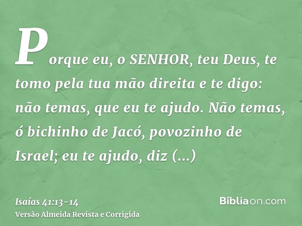 Porque eu, o SENHOR, teu Deus, te tomo pela tua mão direita e te digo: não temas, que eu te ajudo.Não temas, ó bichinho de Jacó, povozinho de Israel; eu te ajud