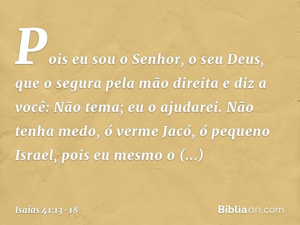 Pois eu sou o Senhor, o seu Deus,
que o segura pela mão direita
e diz a você: Não tema; eu o ajudarei. Não tenha medo, ó verme Jacó,
ó pequeno Israel,
pois eu m