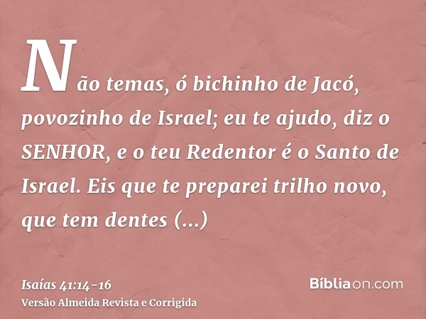 Não temas, ó bichinho de Jacó, povozinho de Israel; eu te ajudo, diz o SENHOR, e o teu Redentor é o Santo de Israel.Eis que te preparei trilho novo, que tem den