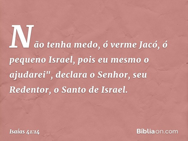 Não tenha medo, ó verme Jacó,
ó pequeno Israel,
pois eu mesmo o ajudarei",
declara o Senhor,
seu Redentor, o Santo de Israel. -- Isaías 41:14