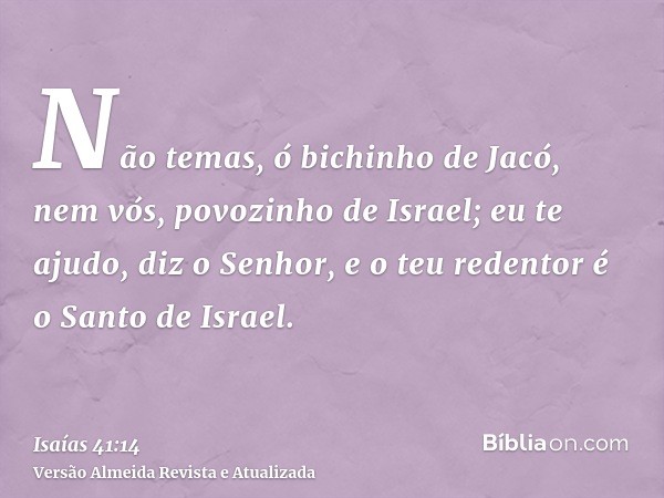 Não temas, ó bichinho de Jacó, nem vós, povozinho de Israel; eu te ajudo, diz o Senhor, e o teu redentor é o Santo de Israel.