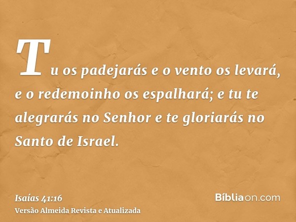 Tu os padejarás e o vento os levará, e o redemoinho os espalhará; e tu te alegrarás no Senhor e te gloriarás no Santo de Israel.