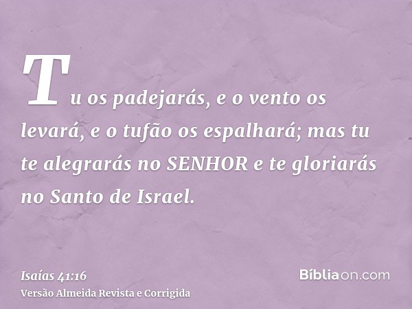 Tu os padejarás, e o vento os levará, e o tufão os espalhará; mas tu te alegrarás no SENHOR e te gloriarás no Santo de Israel.