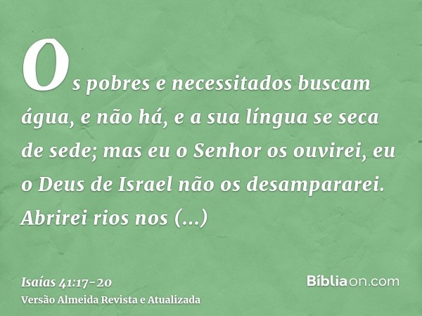 Os pobres e necessitados buscam água, e não há, e a sua língua se seca de sede; mas eu o Senhor os ouvirei, eu o Deus de Israel não os desampararei.Abrirei rios