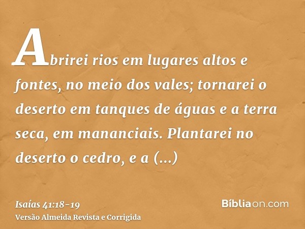 Abrirei rios em lugares altos e fontes, no meio dos vales; tornarei o deserto em tanques de águas e a terra seca, em mananciais.Plantarei no deserto o cedro, e 