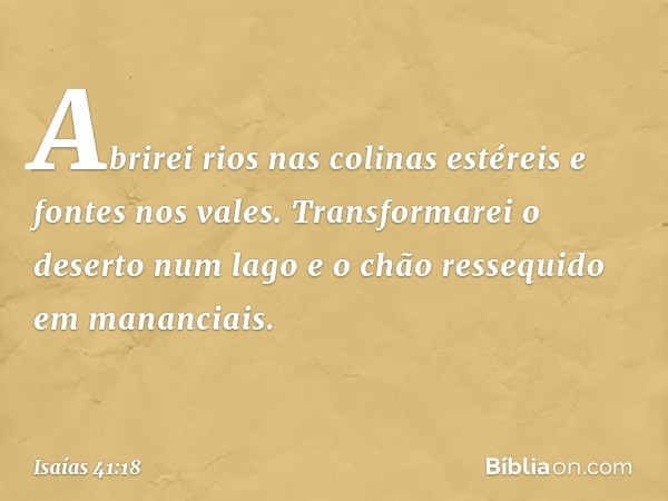 Abrirei rios nas colinas estéreis
e fontes nos vales.
Transformarei o deserto num lago
e o chão ressequido em mananciais. -- Isaías 41:18