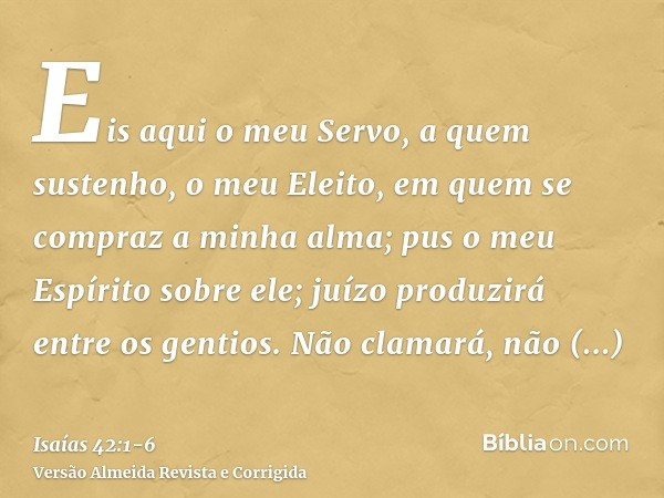 Eis aqui o meu Servo, a quem sustenho, o meu Eleito, em quem se compraz a minha alma; pus o meu Espírito sobre ele; juízo produzirá entre os gentios.Não clamará