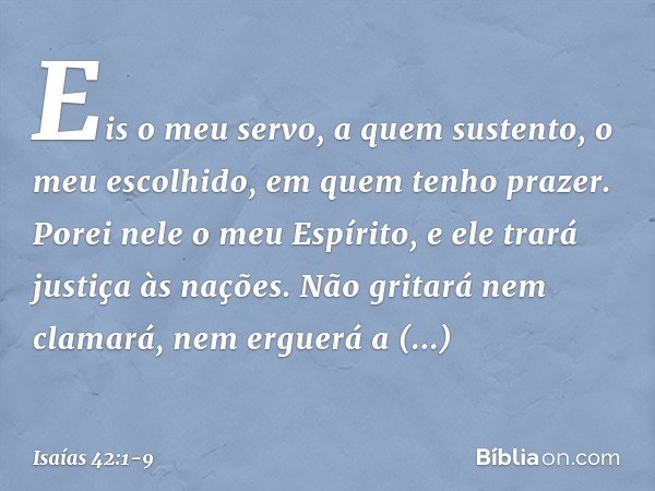 "Eis o meu servo,
a quem sustento,
o meu escolhido, em quem tenho prazer.
Porei nele o meu Espírito,
e ele trará justiça às nações. Não gritará nem clamará,
nem