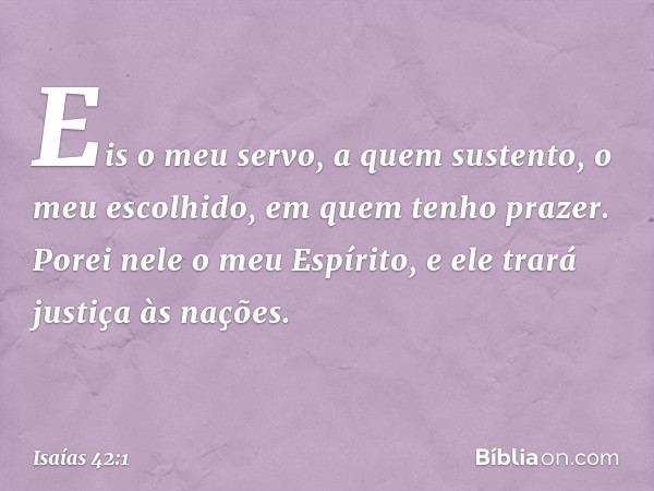 "Eis o meu servo,
a quem sustento,
o meu escolhido, em quem tenho prazer.
Porei nele o meu Espírito,
e ele trará justiça às nações. -- Isaías 42:1