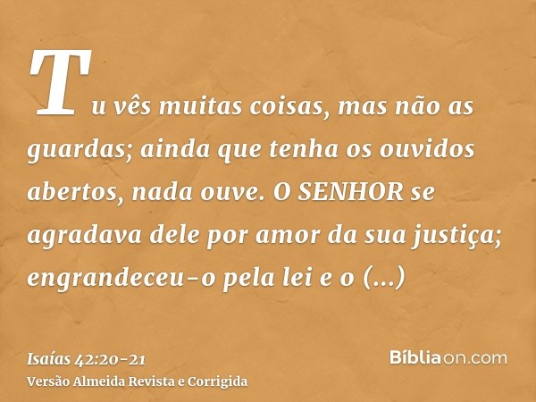 Tu vês muitas coisas, mas não as guardas; ainda que tenha os ouvidos abertos, nada ouve.O SENHOR se agradava dele por amor da sua justiça; engrandeceu-o pela le