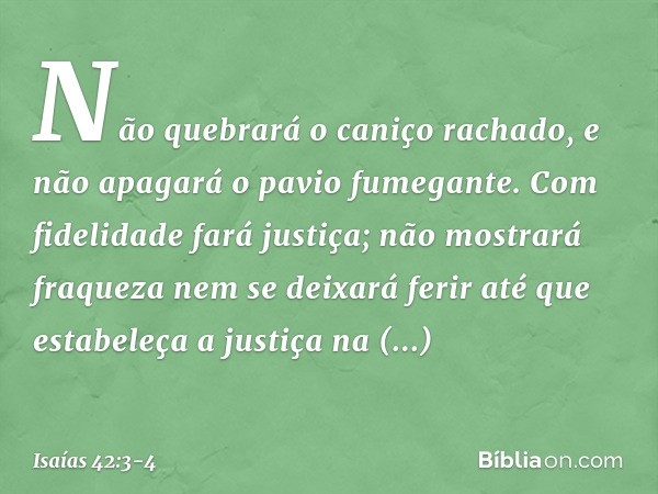 Não quebrará o caniço rachado,
e não apagará o pavio fumegante.
Com fidelidade fará justiça; não mostrará fraqueza
nem se deixará ferir
até que estabeleça a jus