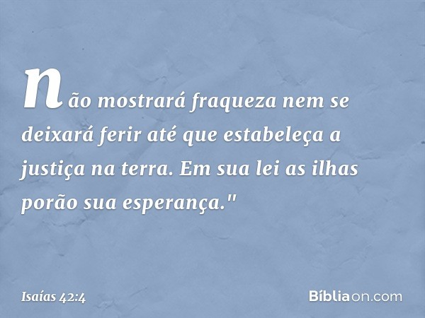 não mostrará fraqueza
nem se deixará ferir
até que estabeleça a justiça na terra.
Em sua lei as ilhas porão sua esperança." -- Isaías 42:4