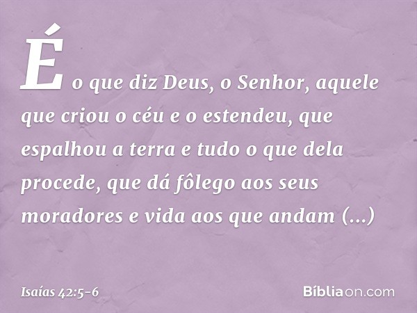 É o que diz Deus, o Senhor,
aquele que criou o céu e o estendeu,
que espalhou a terra
e tudo o que dela procede,
que dá fôlego aos seus moradores
e vida aos que