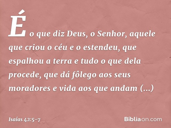 É o que diz Deus, o Senhor,
aquele que criou o céu e o estendeu,
que espalhou a terra
e tudo o que dela procede,
que dá fôlego aos seus moradores
e vida aos que