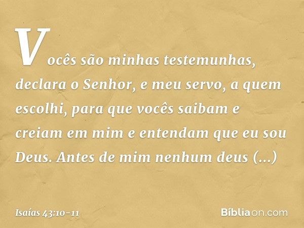 "Vocês são minhas testemunhas",
declara o Senhor,
"e meu servo, a quem escolhi,
para que vocês saibam e creiam em mim
e entendam que eu sou Deus.
Antes de mim n