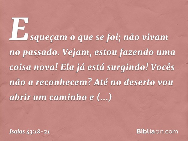 "Esqueçam o que se foi;
não vivam no passado. Vejam, estou fazendo uma coisa nova!
Ela já está surgindo! Vocês não a reconhecem?
Até no deserto vou abrir um cam