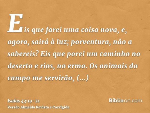 Eis que farei uma coisa nova, e, agora, sairá à luz; porventura, não a sabereis? Eis que porei um caminho no deserto e rios, no ermo.Os animais do campo me serv