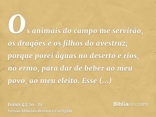 Os animais do campo me servirão, os dragões e os filhos do avestruz; porque porei águas no deserto e rios, no ermo, para dar de beber ao meu povo, ao meu eleito