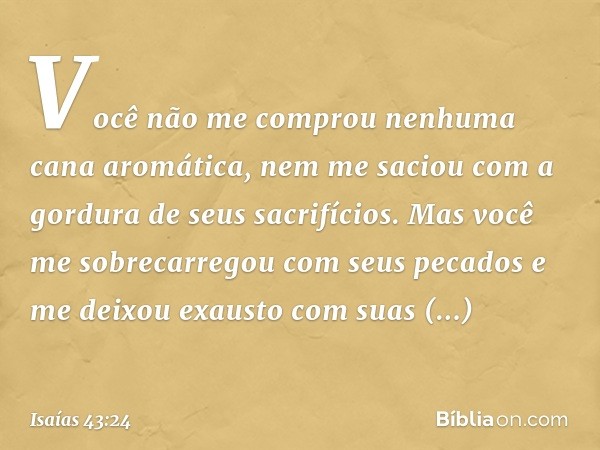 Você não me comprou
nenhuma cana aromática,
nem me saciou
com a gordura de seus sacrifícios.
Mas você me sobrecarregou
com seus pecados
e me deixou exausto com 