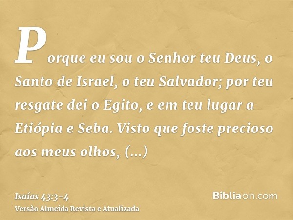 Porque eu sou o Senhor teu Deus, o Santo de Israel, o teu Salvador; por teu resgate dei o Egito, e em teu lugar a Etiópia e Seba.Visto que foste precioso aos me