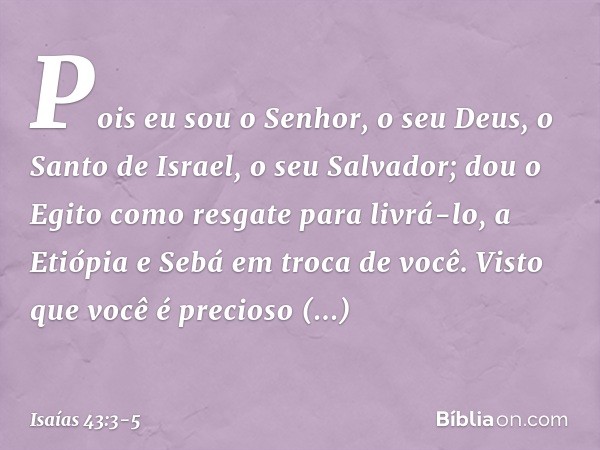 Pois eu sou o Senhor, o seu Deus,
o Santo de Israel, o seu Salvador;
dou o Egito como resgate para livrá-lo,
a Etiópia e Sebá em troca de você. Visto que você é