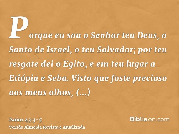 Porque eu sou o Senhor teu Deus, o Santo de Israel, o teu Salvador; por teu resgate dei o Egito, e em teu lugar a Etiópia e Seba.Visto que foste precioso aos me