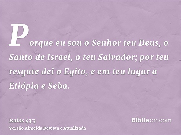 Porque eu sou o Senhor teu Deus, o Santo de Israel, o teu Salvador; por teu resgate dei o Egito, e em teu lugar a Etiópia e Seba.