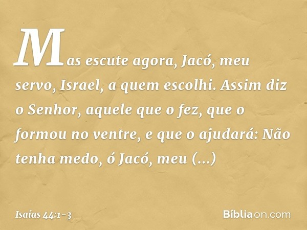 "Mas escute agora, Jacó,
meu servo,
Israel, a quem escolhi. Assim diz o Senhor,
aquele que o fez,
que o formou no ventre, e que o ajudará:
Não tenha medo, ó Jac