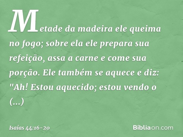 Metade da madeira
ele queima no fogo;
sobre ela ele prepara sua refeição,
assa a carne e come sua porção.
Ele também se aquece e diz:
"Ah! Estou aquecido;
estou