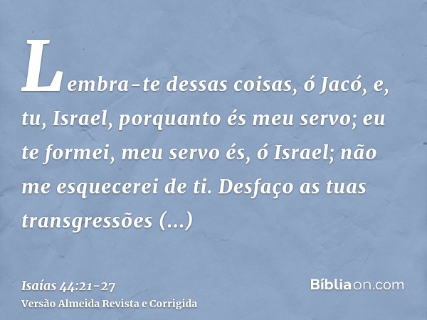 Lembra-te dessas coisas, ó Jacó, e, tu, Israel, porquanto és meu servo; eu te formei, meu servo és, ó Israel; não me esquecerei de ti.Desfaço as tuas transgress
