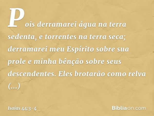 Pois derramarei água na terra sedenta,
e torrentes na terra seca;
derramarei meu Espírito sobre sua prole
e minha bênção sobre seus descendentes. Eles brotarão 