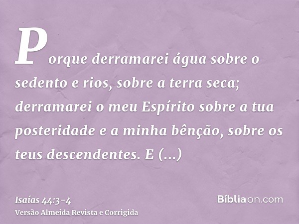 Porque derramarei água sobre o sedento e rios, sobre a terra seca; derramarei o meu Espírito sobre a tua posteridade e a minha bênção, sobre os teus descendente