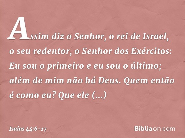 "Assim diz o Senhor,
o rei de Israel, o seu redentor,
o Senhor dos Exércitos:
Eu sou o primeiro e eu sou o último;
além de mim não há Deus. Quem então é como eu
