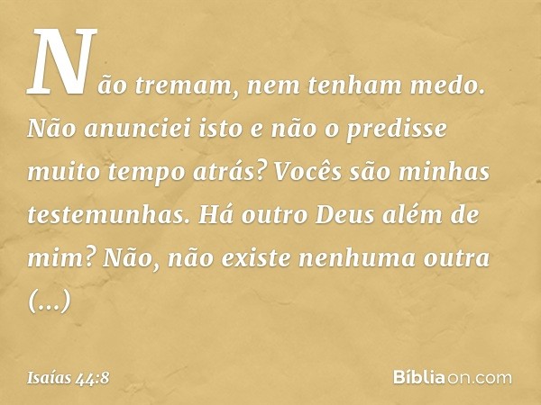 Não tremam, nem tenham medo.
Não anunciei isto e não o predisse
muito tempo atrás?
Vocês são minhas testemunhas.
Há outro Deus além de mim?
Não, não existe nenh