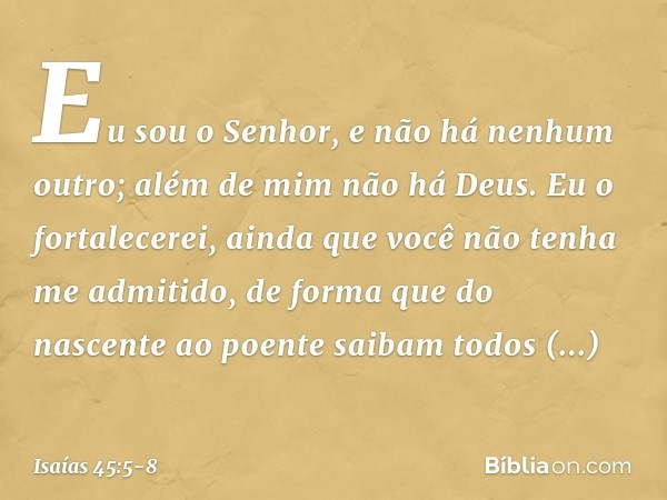 Eu sou o Senhor,
e não há nenhum outro;
além de mim não há Deus.
Eu o fortalecerei, ainda que você
não tenha me admitido, de forma que do nascente ao poente
sai