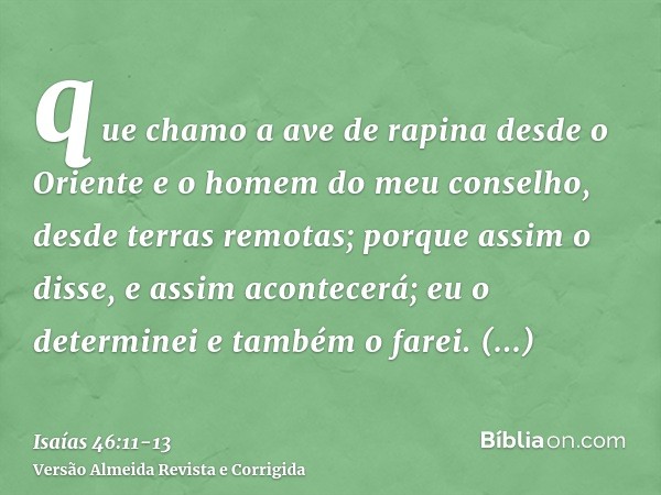 que chamo a ave de rapina desde o Oriente e o homem do meu conselho, desde terras remotas; porque assim o disse, e assim acontecerá; eu o determinei e também o 