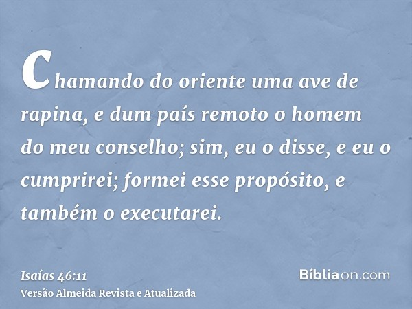 chamando do oriente uma ave de rapina, e dum país remoto o homem do meu conselho; sim, eu o disse, e eu o cumprirei; formei esse propósito, e também o executare