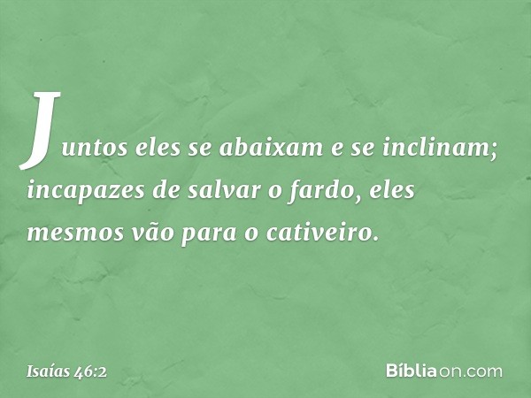 Juntos eles se abaixam e se inclinam;
incapazes de salvar o fardo,
eles mesmos vão para o cativeiro. -- Isaías 46:2