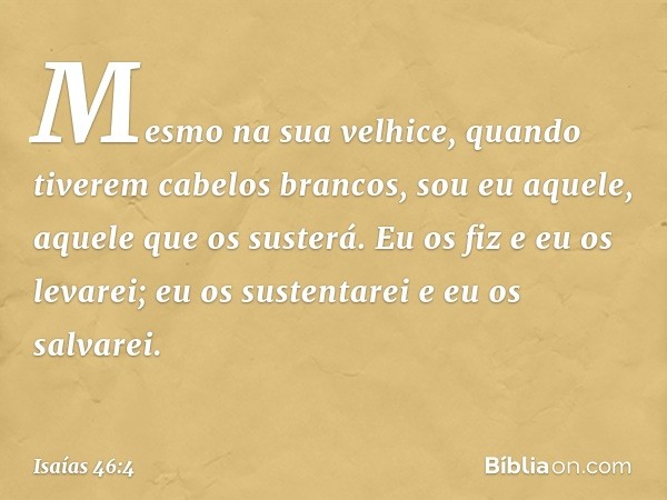 Mesmo na sua velhice,
quando tiverem cabelos brancos,
sou eu aquele,
aquele que os susterá.
Eu os fiz e eu os levarei;
eu os sustentarei
e eu os salvarei. -- Is