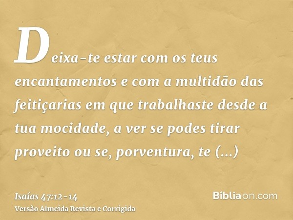 Deixa-te estar com os teus encantamentos e com a multidão das feitiçarias em que trabalhaste desde a tua mocidade, a ver se podes tirar proveito ou se, porventu