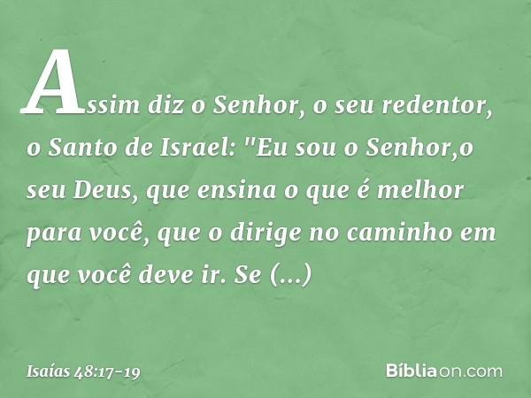 Assim diz o Senhor, o seu redentor,
o Santo de Israel:
"Eu sou o Senhor,o seu Deus,
que ensina o que é melhor para você,
que o dirige no caminho
em que você dev