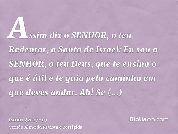 Assim diz o SENHOR, o teu Redentor, o Santo de Israel: Eu sou o SENHOR, o teu Deus, que te ensina o que é útil e te guia pelo caminho em que deves andar.Ah! Se 