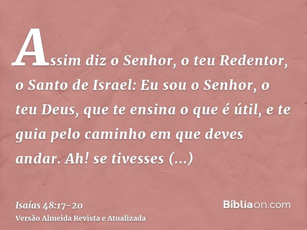 Assim diz o Senhor, o teu Redentor, o Santo de Israel: Eu sou o Senhor, o teu Deus, que te ensina o que é útil, e te guia pelo caminho em que deves andar.Ah! se