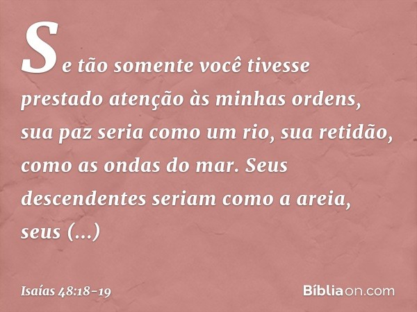 Se tão somente você tivesse
prestado atenção às minhas ordens,
sua paz seria como um rio,
sua retidão, como as ondas do mar. Seus descendentes
seriam como a are